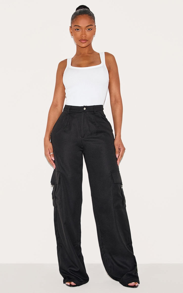 PRETTYLITTLETHING Shape Black Buckle Detail Cargo Wide Leg Trousers