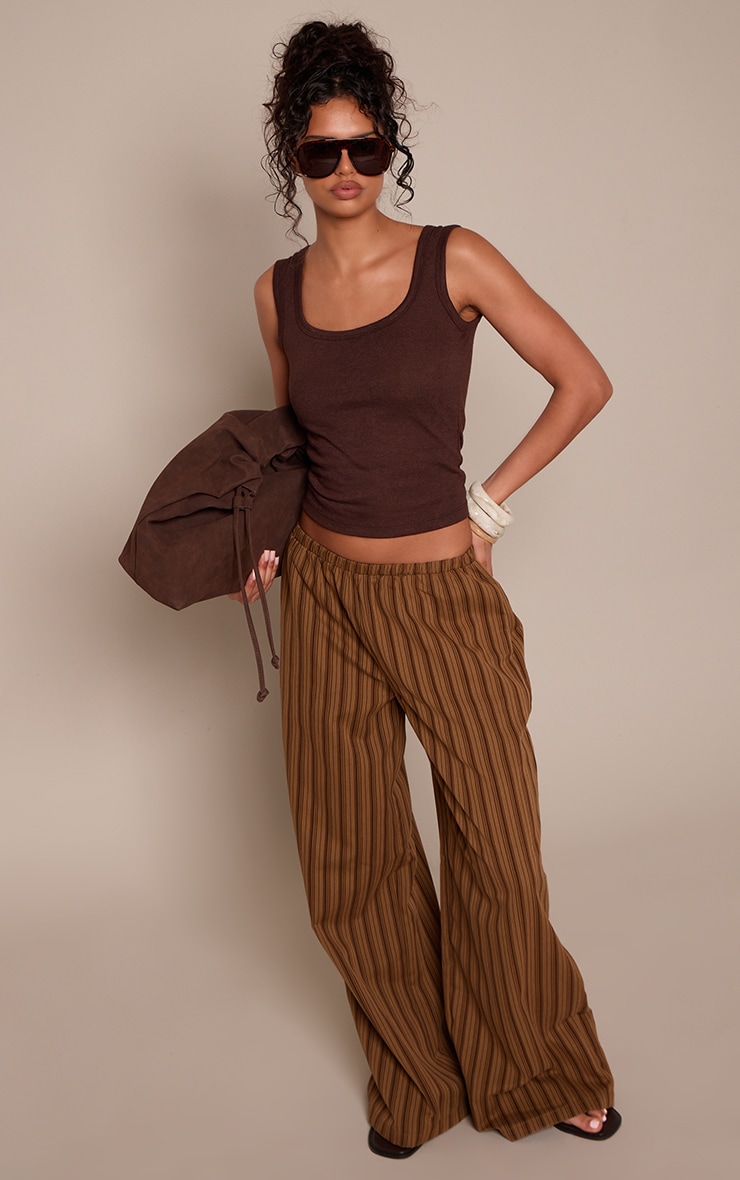 Brown Stripe Shirred Waistband Wide Leg Pants