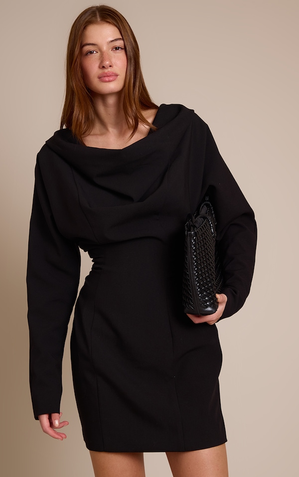 Black Woven Cowl Neck Tailored Dress