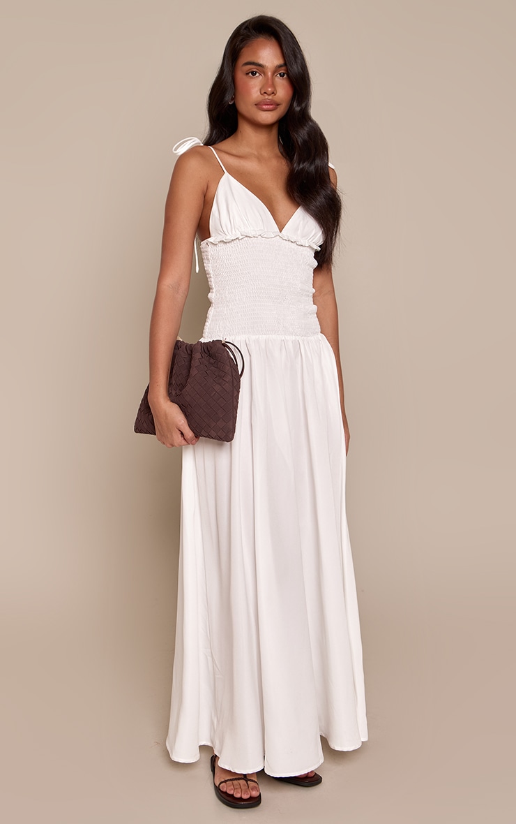 White Woven Shirred Waist Strappy Maxi Dress