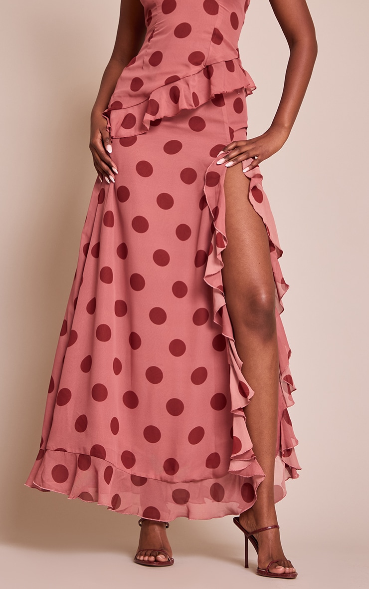 Light Pink Polka Dot Chiffon Ruched Drop Waist Maxi Skirt image 2