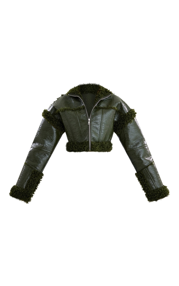  Khaki Contrast Borg Vinyl Cropped Jacket image 5