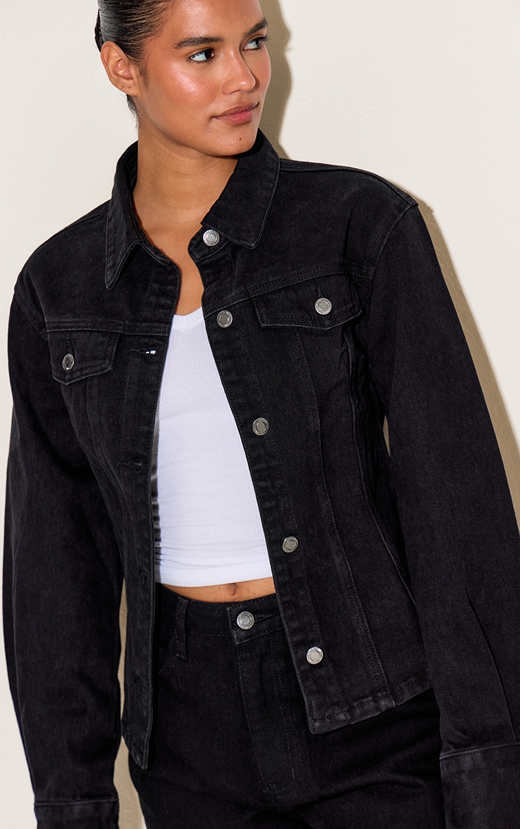 Washed Black Long Sleeve Cinch Waist Denim Jacket image 4