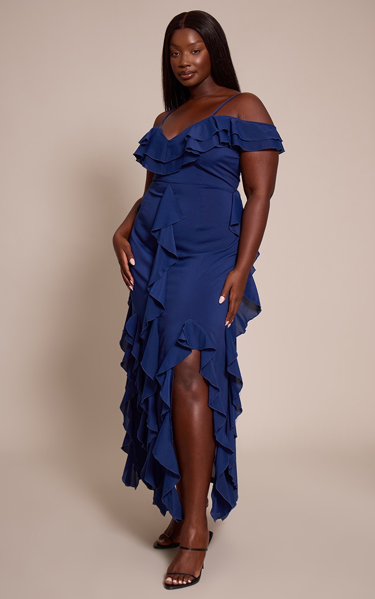 Plus Navy Cold Shoulder Ruffle Detail Strappy Maxi Dress image 3