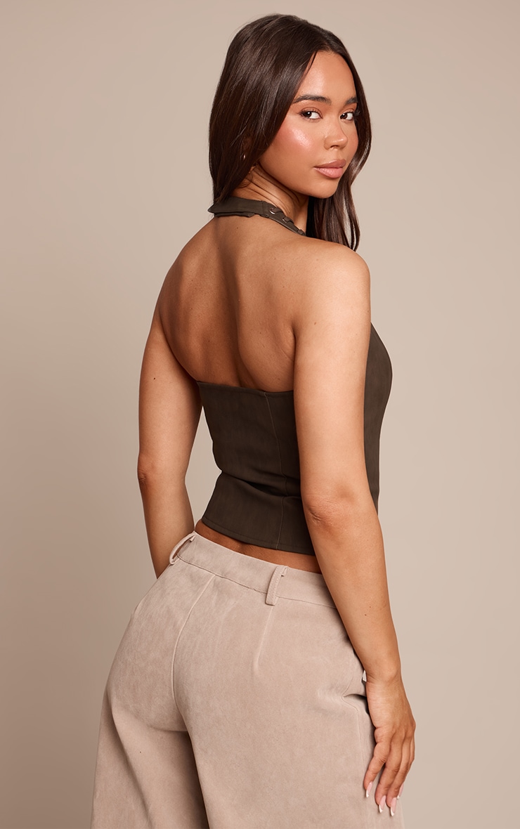 Olive Washed Faux Leather Halter Neck Lace Up Corset image 2