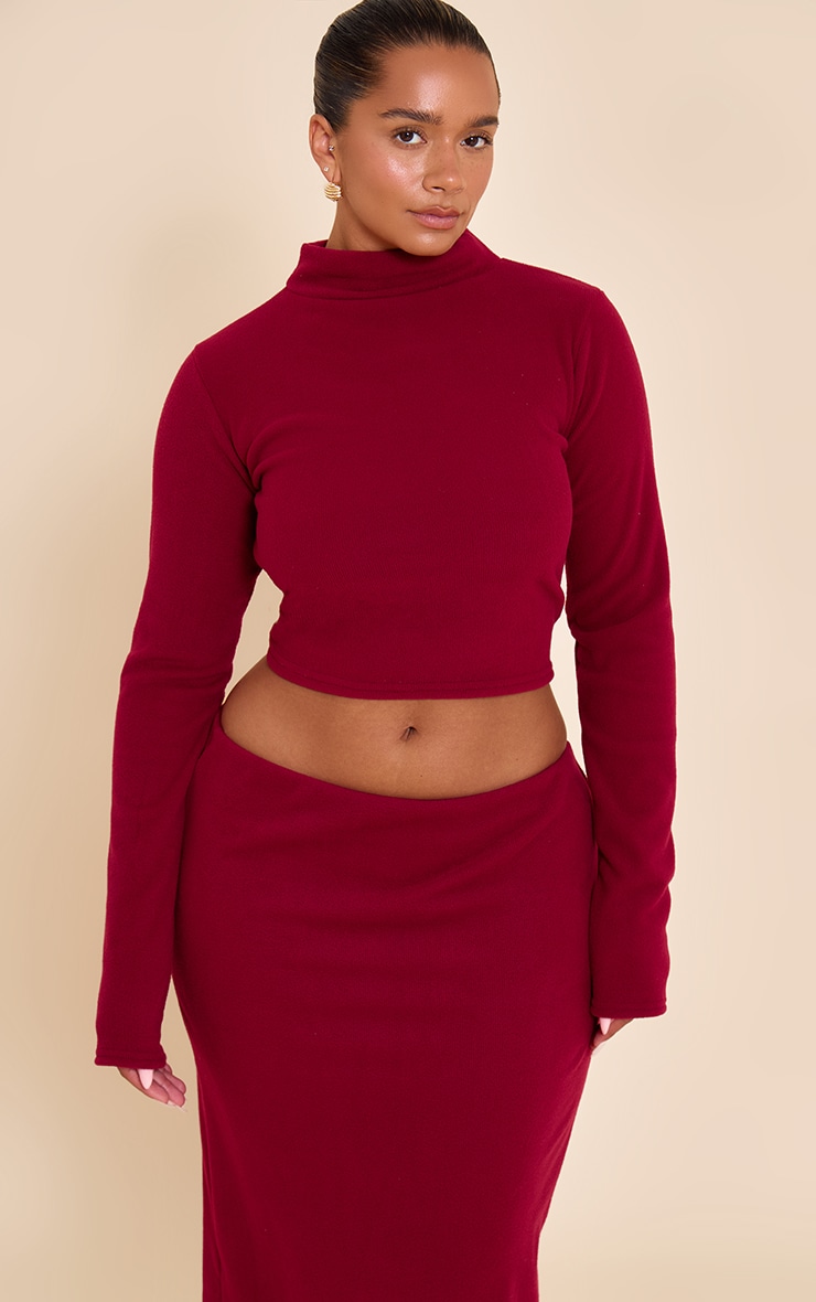 Shape Burgundy Micro Rib Long Sleeve Polo Top image 1