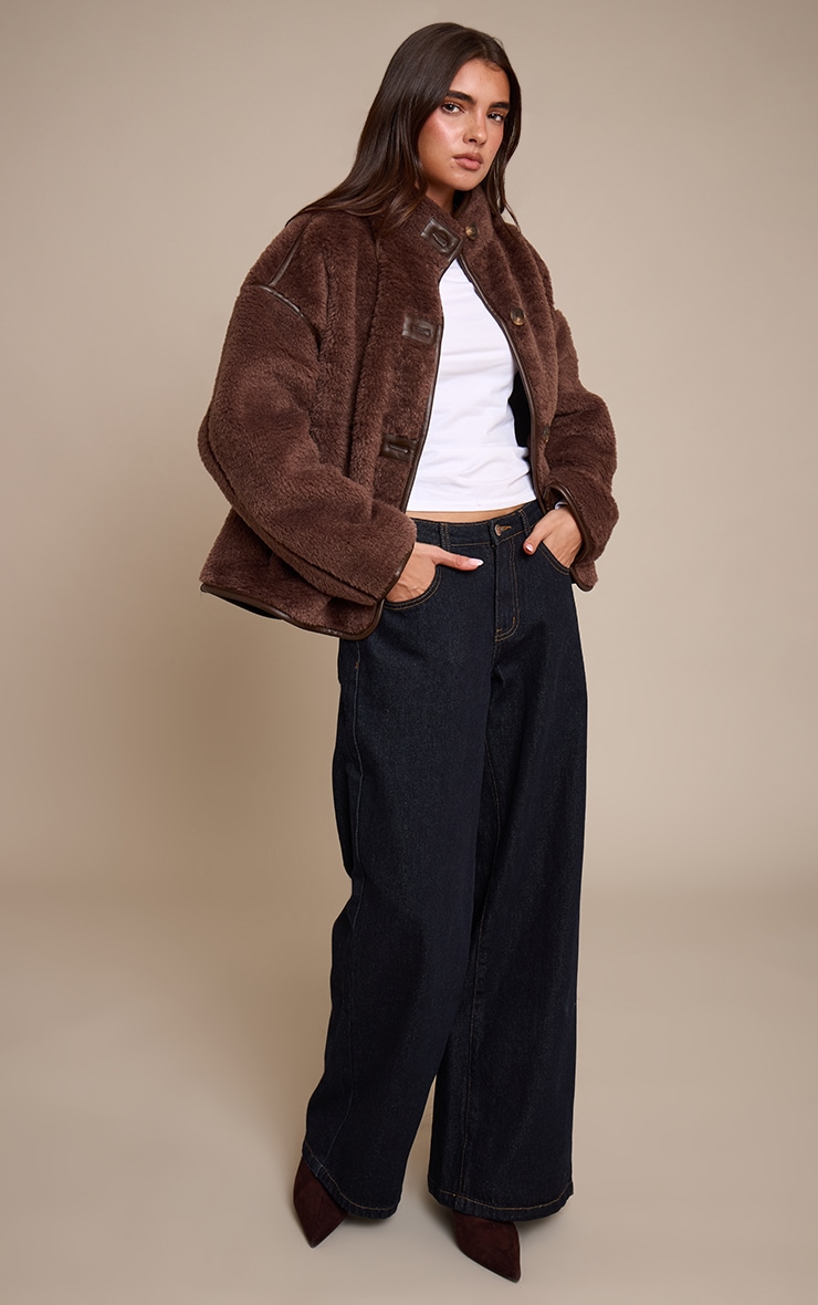 Chocolate Borg Faux Leather Contrast Coat image 3