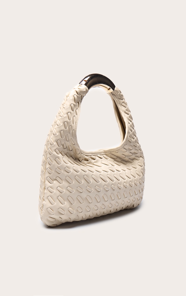 Sac à main en PU tressé crème à anse en métal image 3