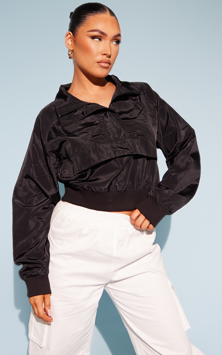 Black Cropped Elasticated Hem Shell Jacket image 1