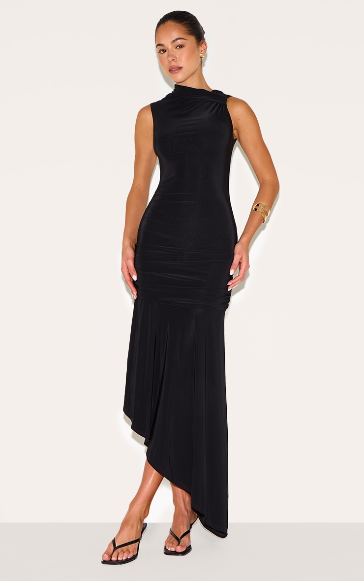 Robe longue asymétrique moulante noire froncée à partie superposée image 1