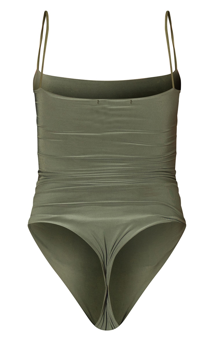 Khaki Slinky Square Neck Spaghetti Strap Bodysuit image 6