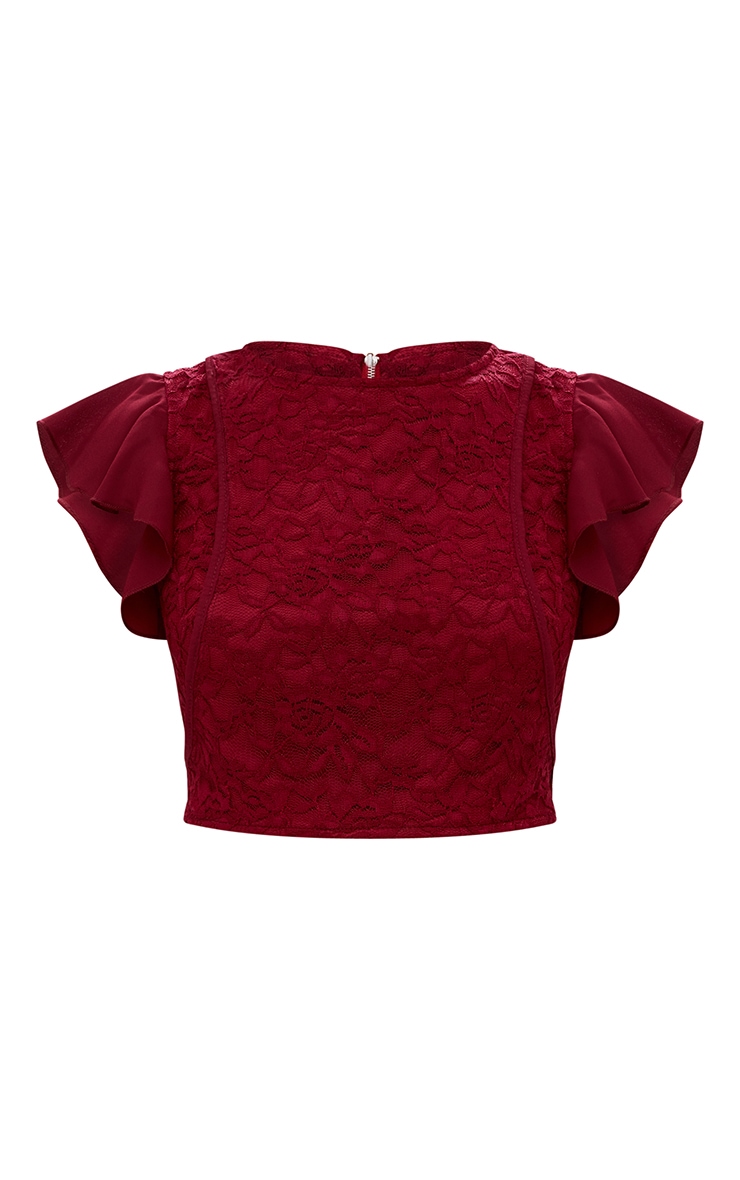 Burgundy Lace Frill Sleeve Detail Crop Top. Tops PrettyLittleThing USA