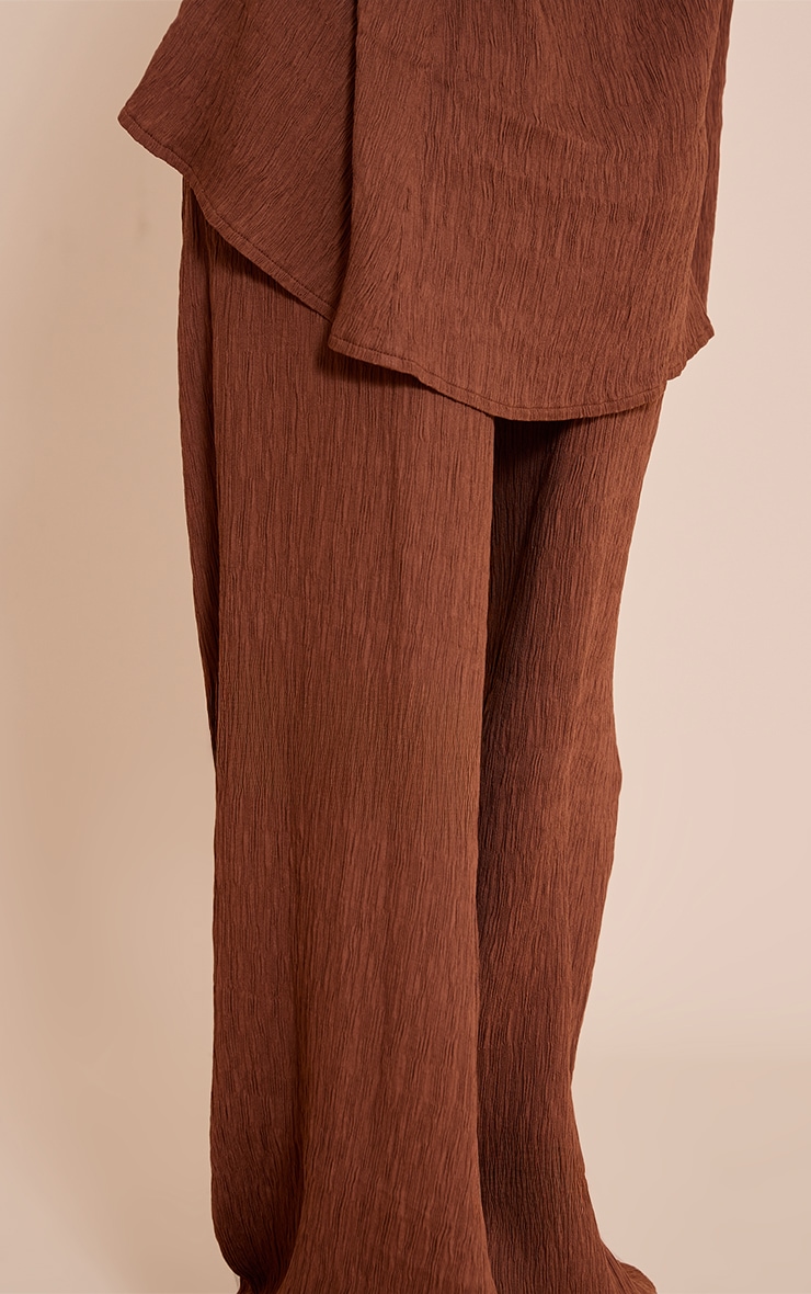 Dark Brown Textured Woven Drawstring Wide Leg Pants image 4