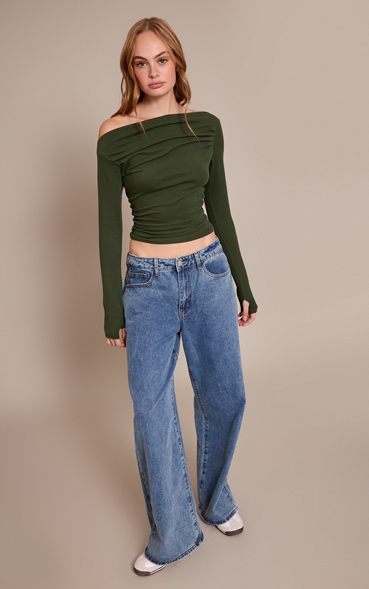 Dark Khaki Soft Cotton Ruched Asymmetric Long Sleeve Top image 3