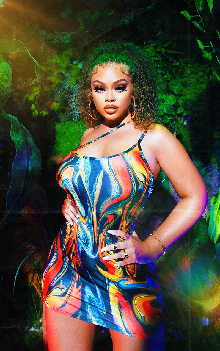 pink abstract print slinky asymmetric strap detail bodycon dress