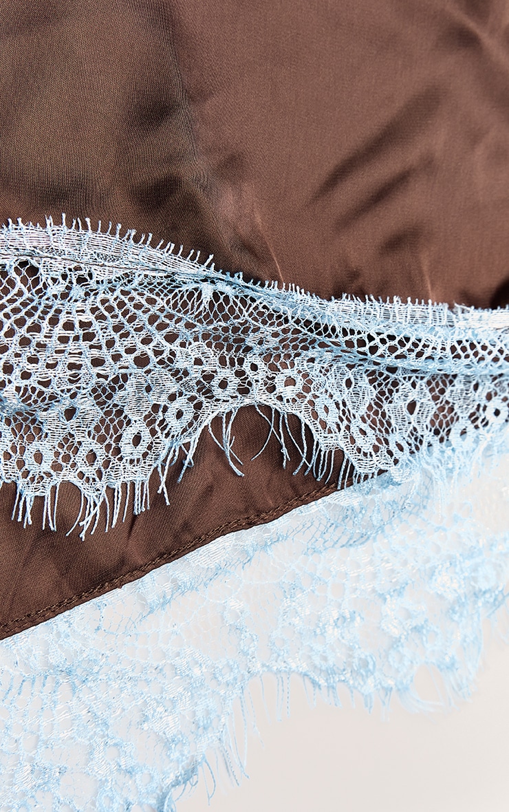 Chocolate Satin Contrast Blue Lace Trim Scarf image 3
