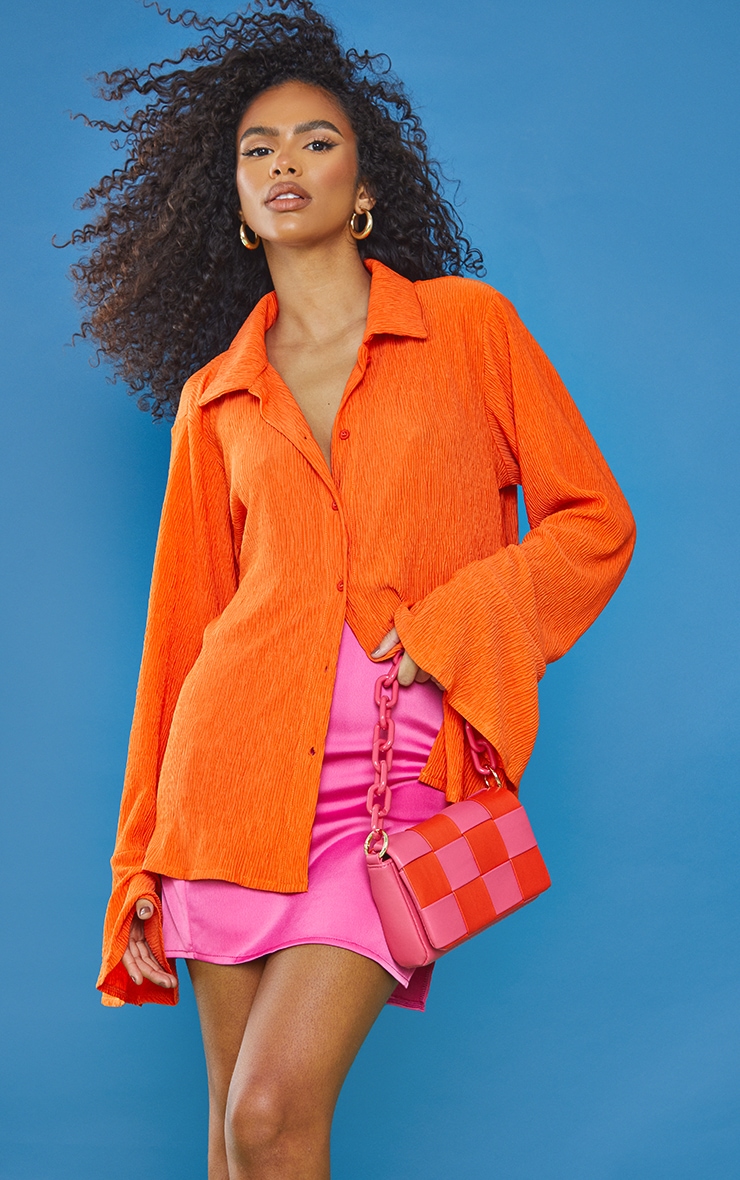 Orange Textured Pleated Shirt image 1