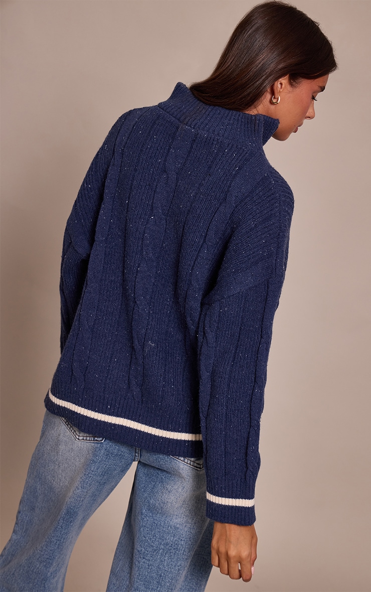 Navy Zip Detail Cable Knit Oversized Jumper image 2