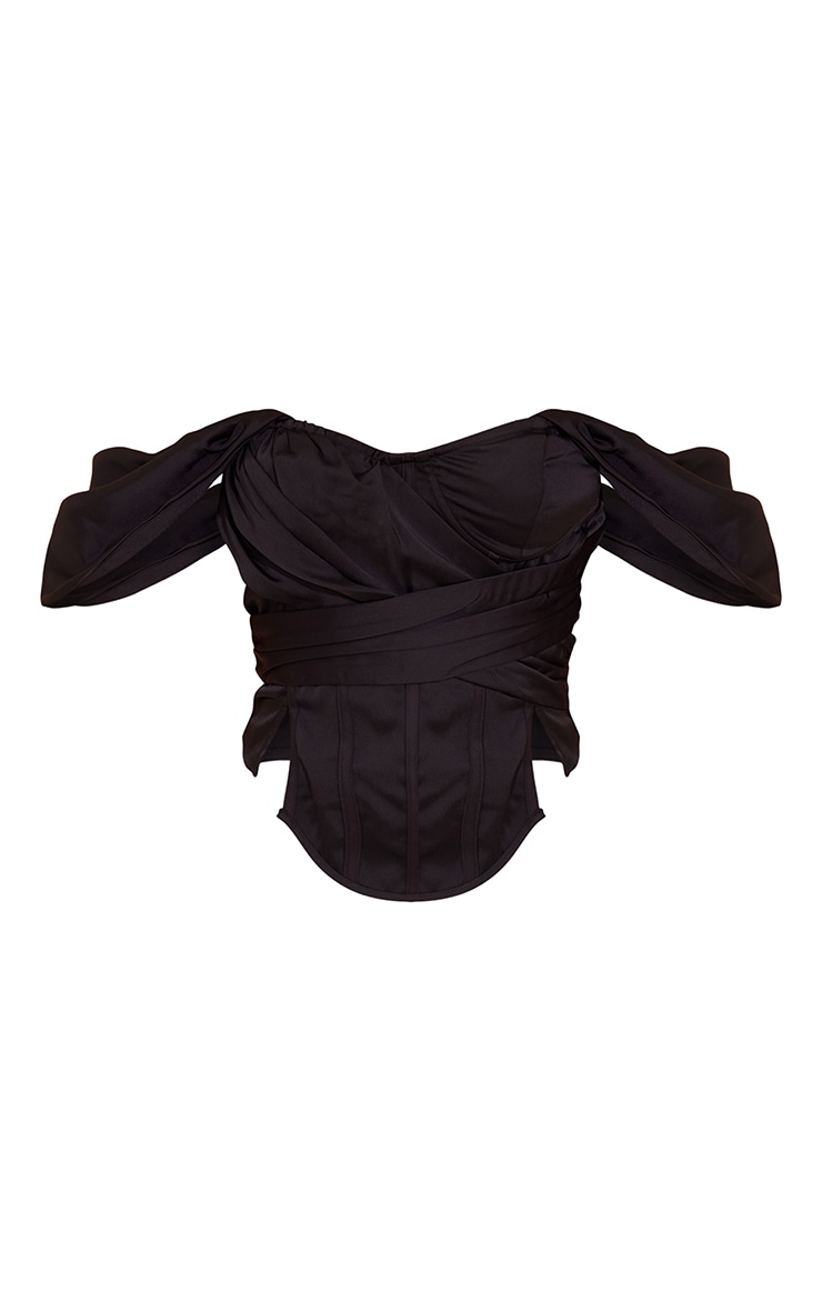 Black Drape Front Pleated Satin Bardot Corset image 1