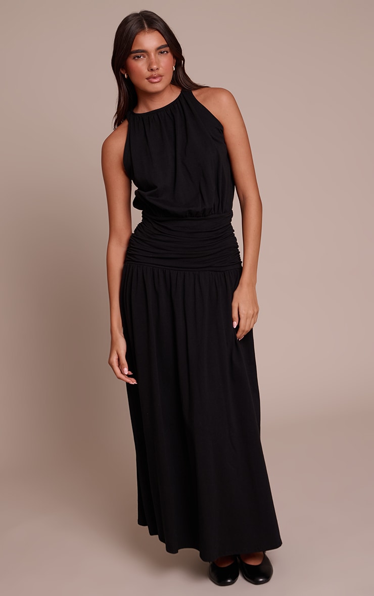 Black Jersey Halterneck Ruched Detail Maxi Dress image 3