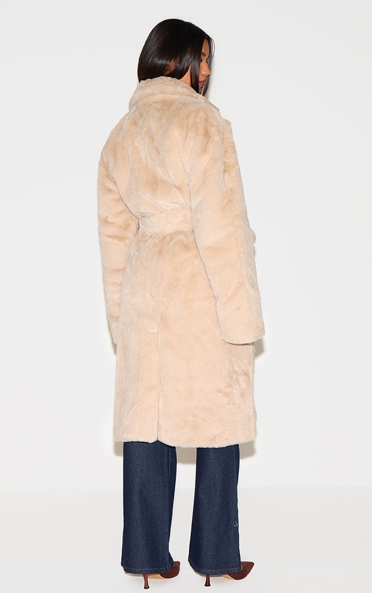 Taupe Faux Fur Self Tie Oversized Coat image 2