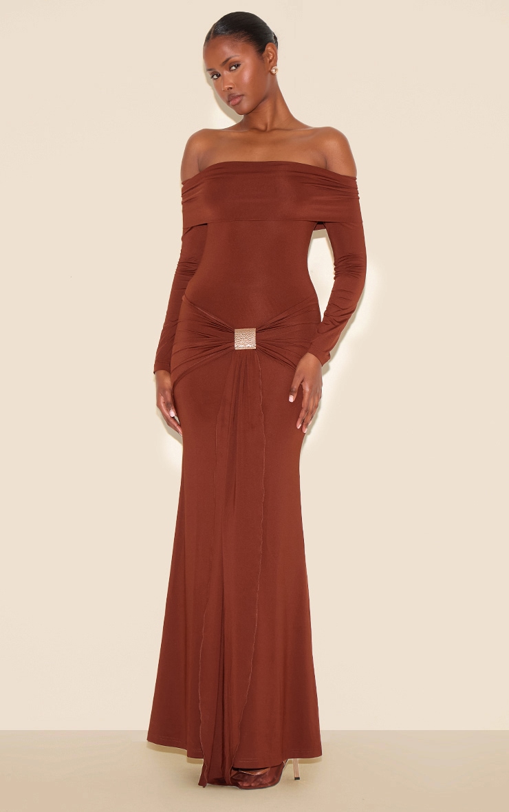 Chocolate Bardot Long Sleeve Trim Drape Detail Maxi Dress image 3