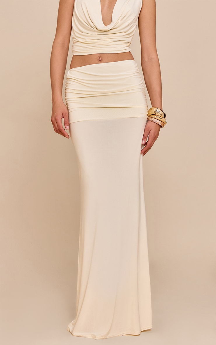 Almond Double Layer Slinky Ruched Waist Maxi Skirt image 2