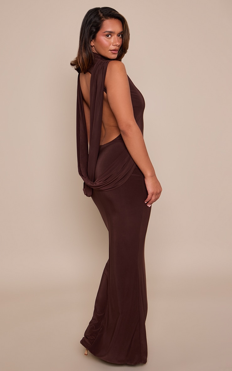 Chocolate Double Layer Slinky Drape Back Detail Maxi Dress