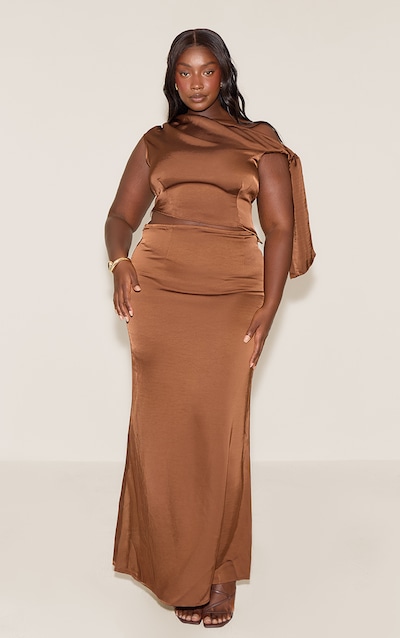 Plus Jupe longue satinée chocolat à taille mi-haute