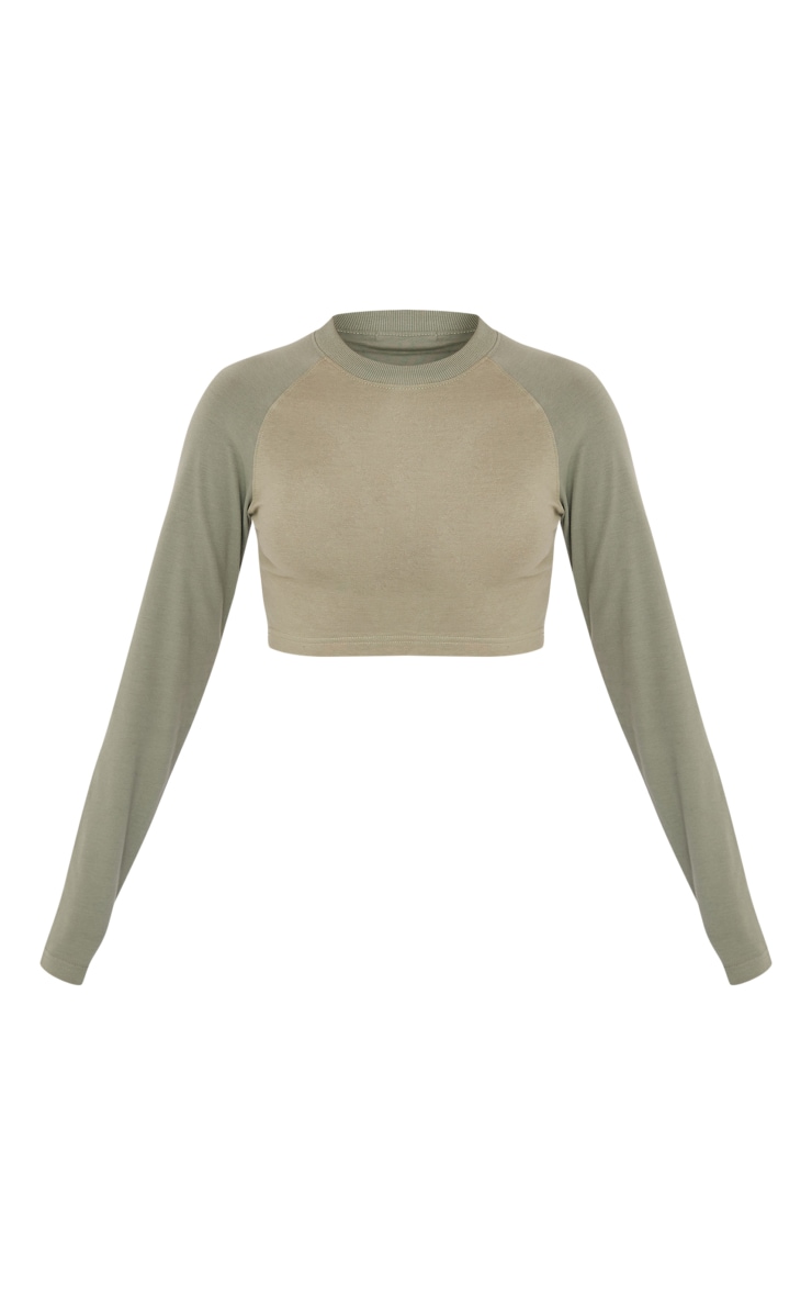 Khaki Contrast Long Sleeve Cropped Top Tops PrettyLittleThing