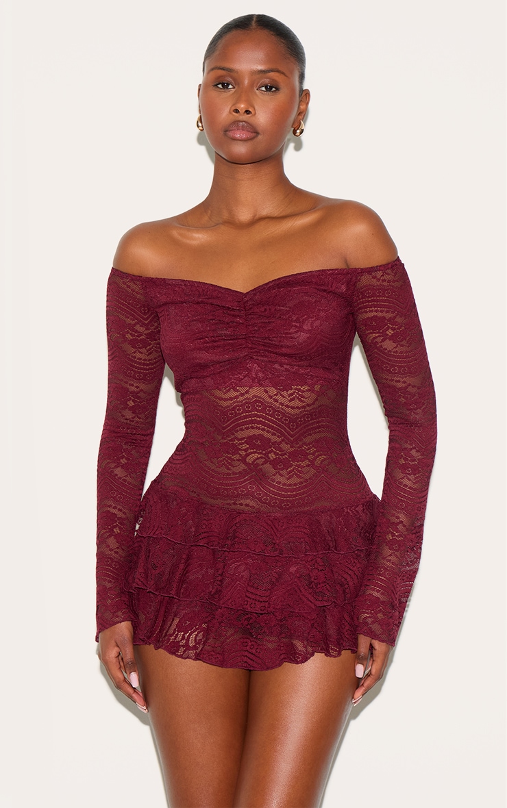 Burgundy Lace Bardot Rara Skort Romper image 1