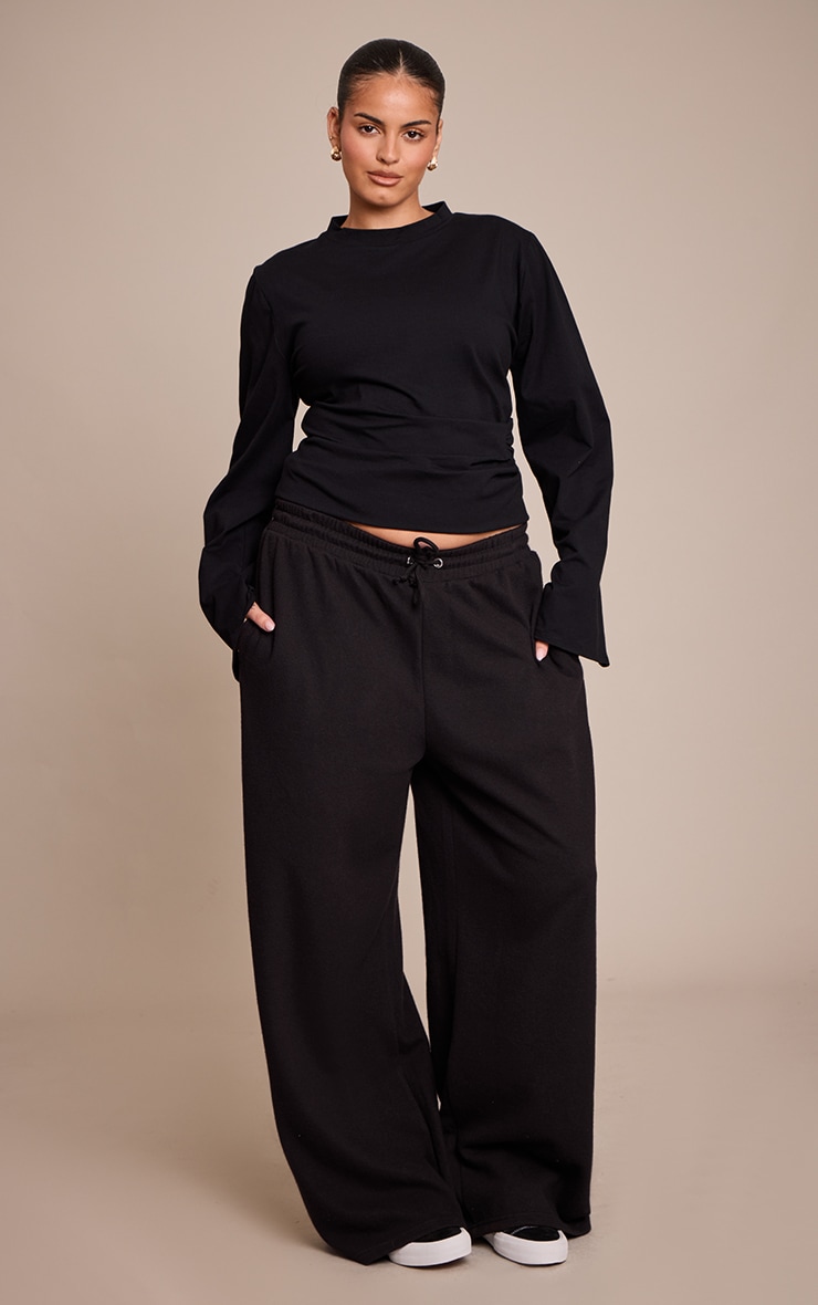 Plus Black Cotton Ruched Side Long Sleeve T-shirt image 3