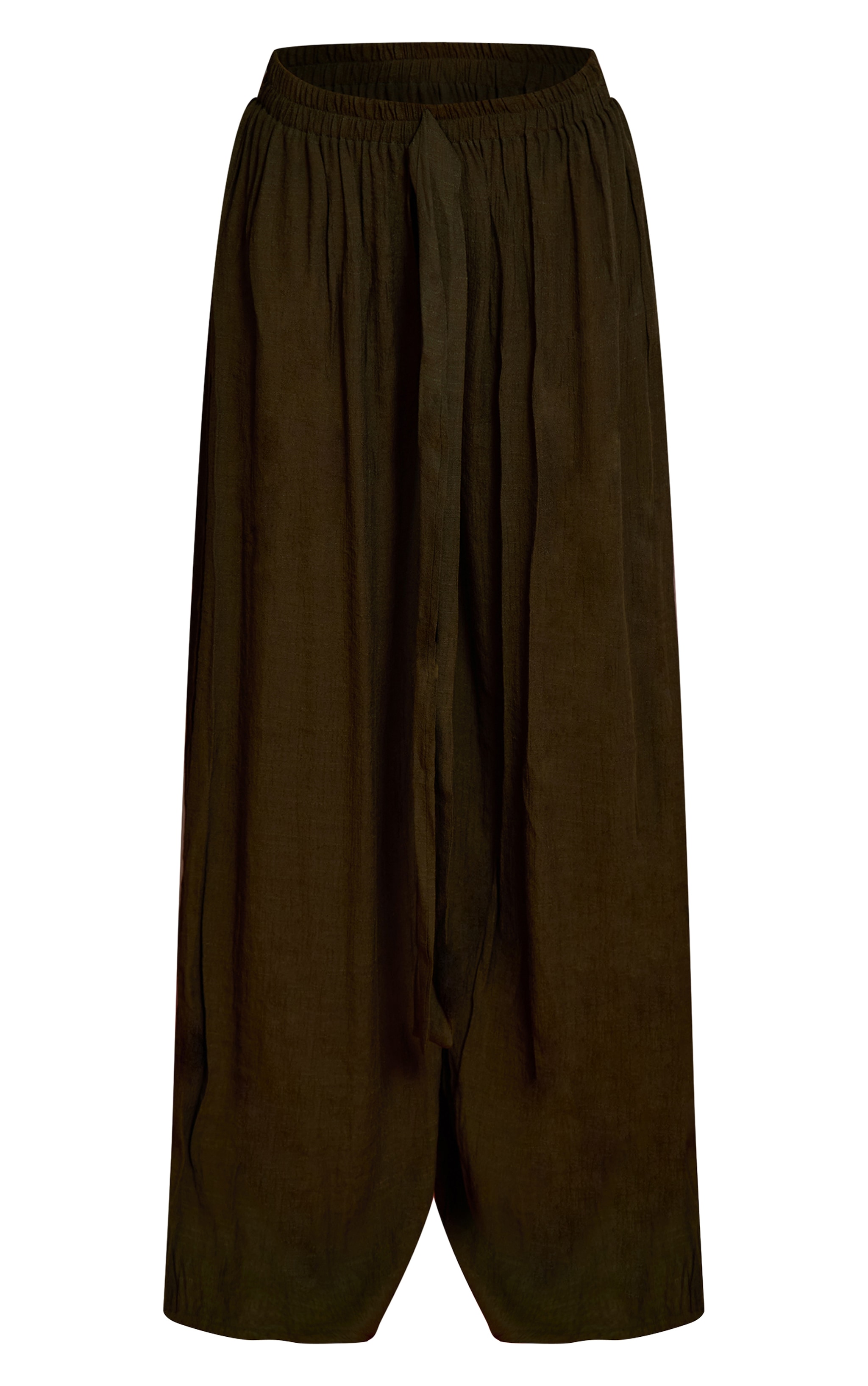 Khaki Linen Look Textured Woven Palazzo Beach Pants image 5