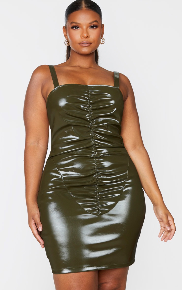 Plus Khaki Vinyl Ruched Front Bodycon Dress