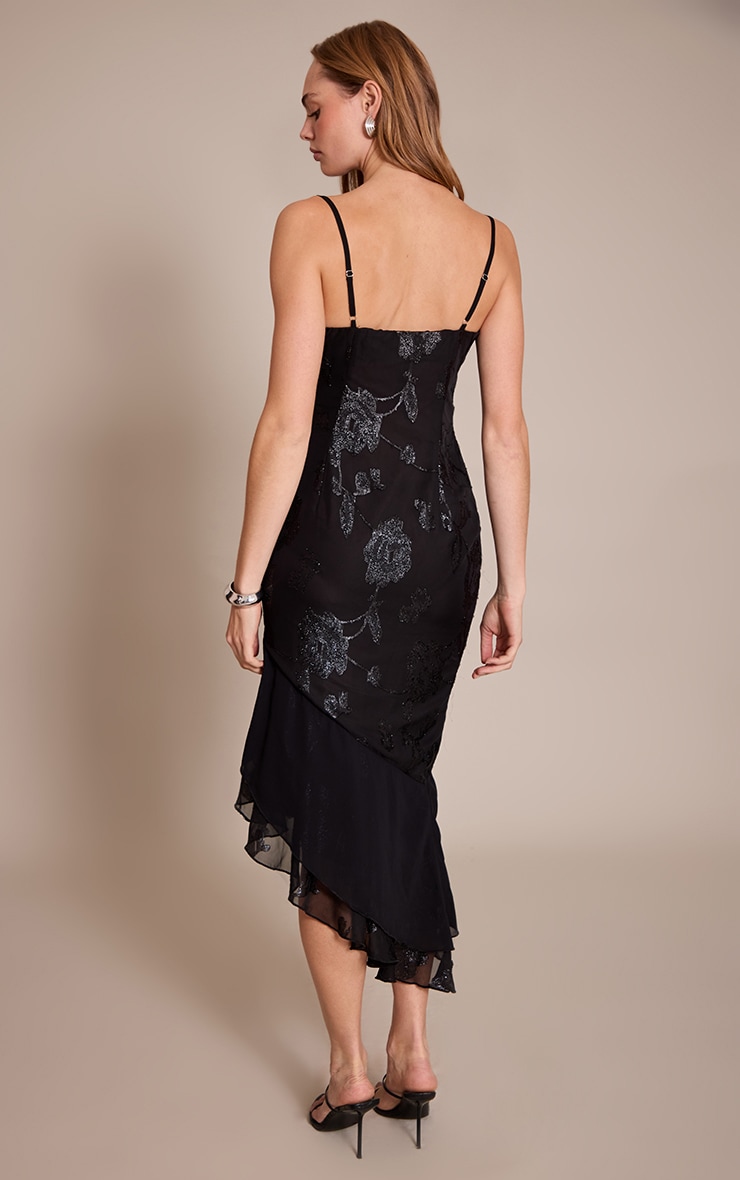 Robe mi-longue en mousseline de soie noire fleurie image 2