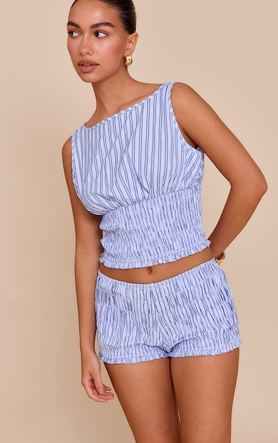 Blue Striped Shirred Hot Pants