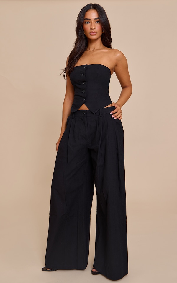 Petite Black Woven Pleat Detail Wide Leg Pants