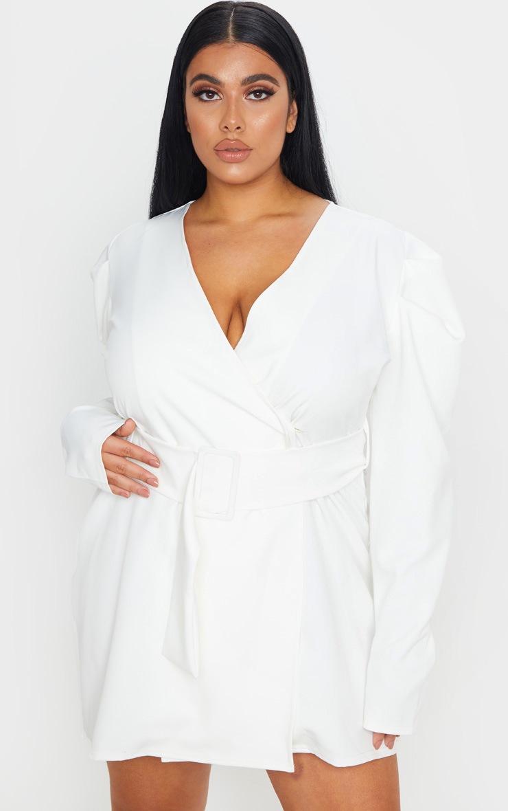 Plus White Puff Sleeve Blazer Dress