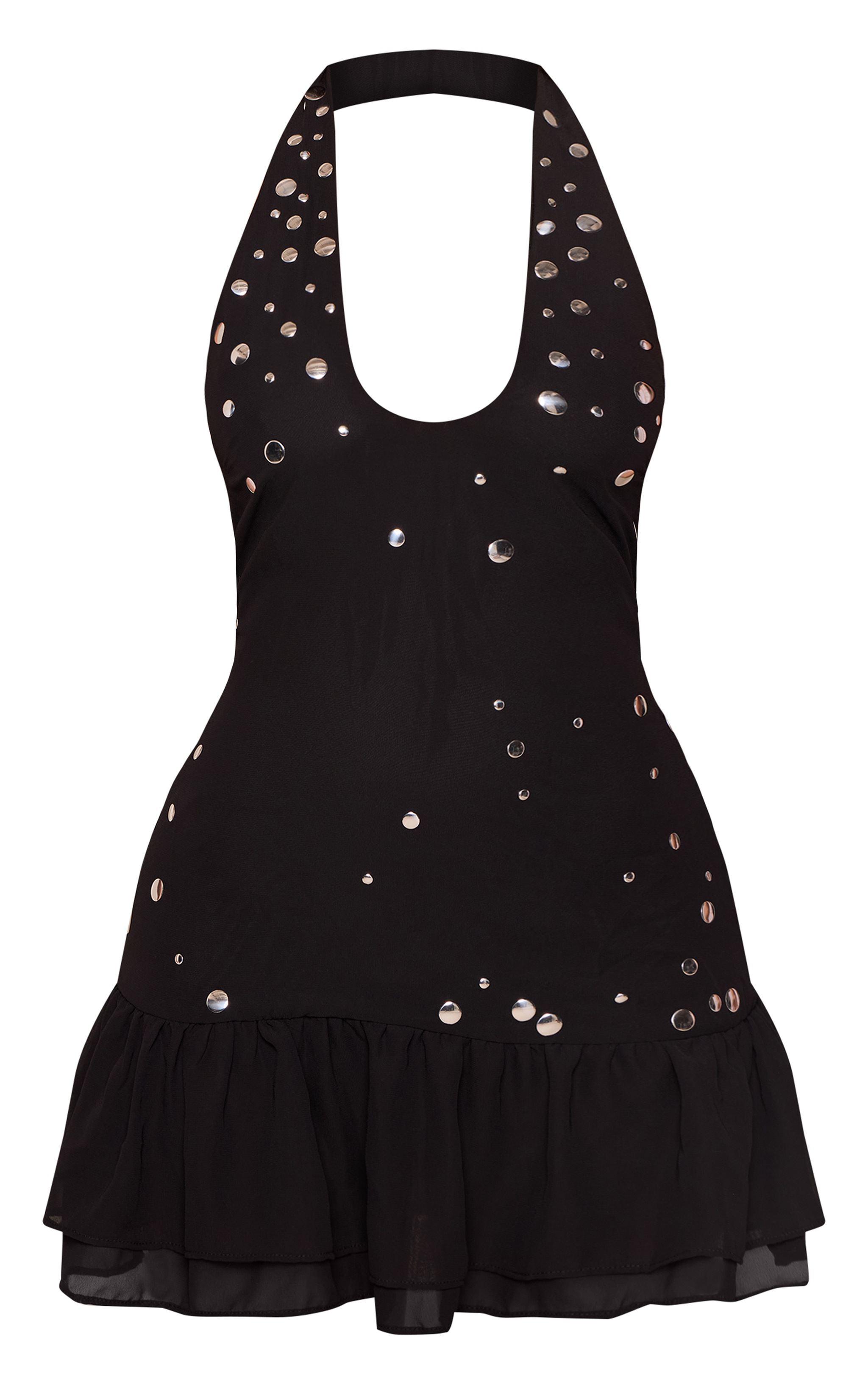 Petite Black Ruffle Stud Detail Halterneck Dress image 5