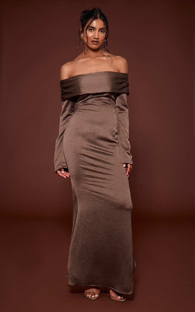Mocha Bardot Long Sleeve Maxi Dress | Dresses