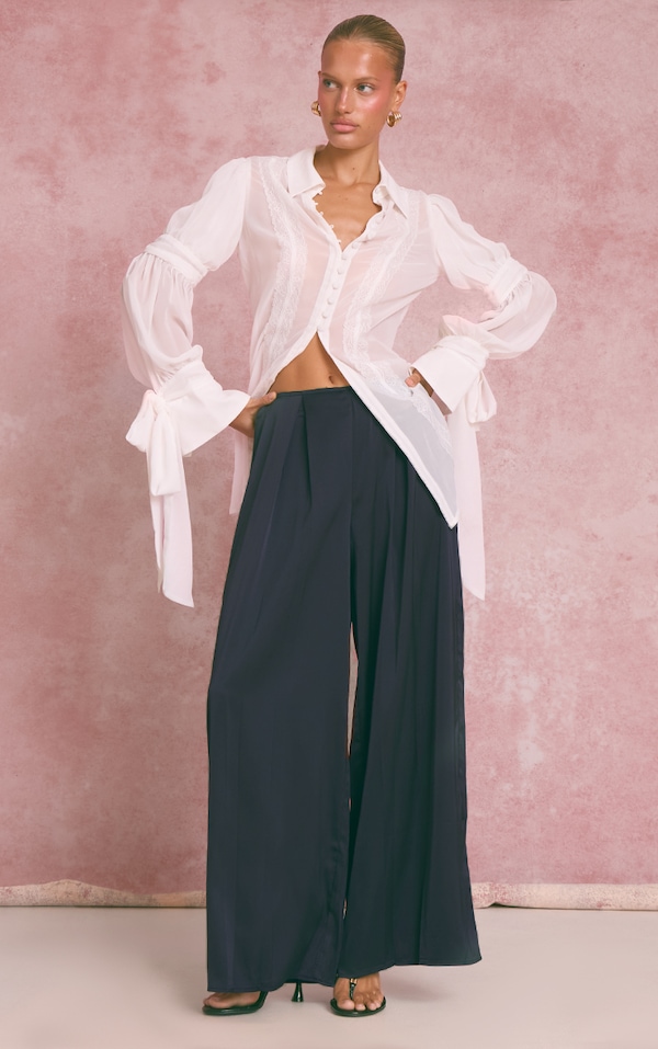 Navy Pleated Satin Wide Leg Pants