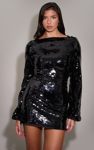 Black Sequin Boat Neck Shift Dress