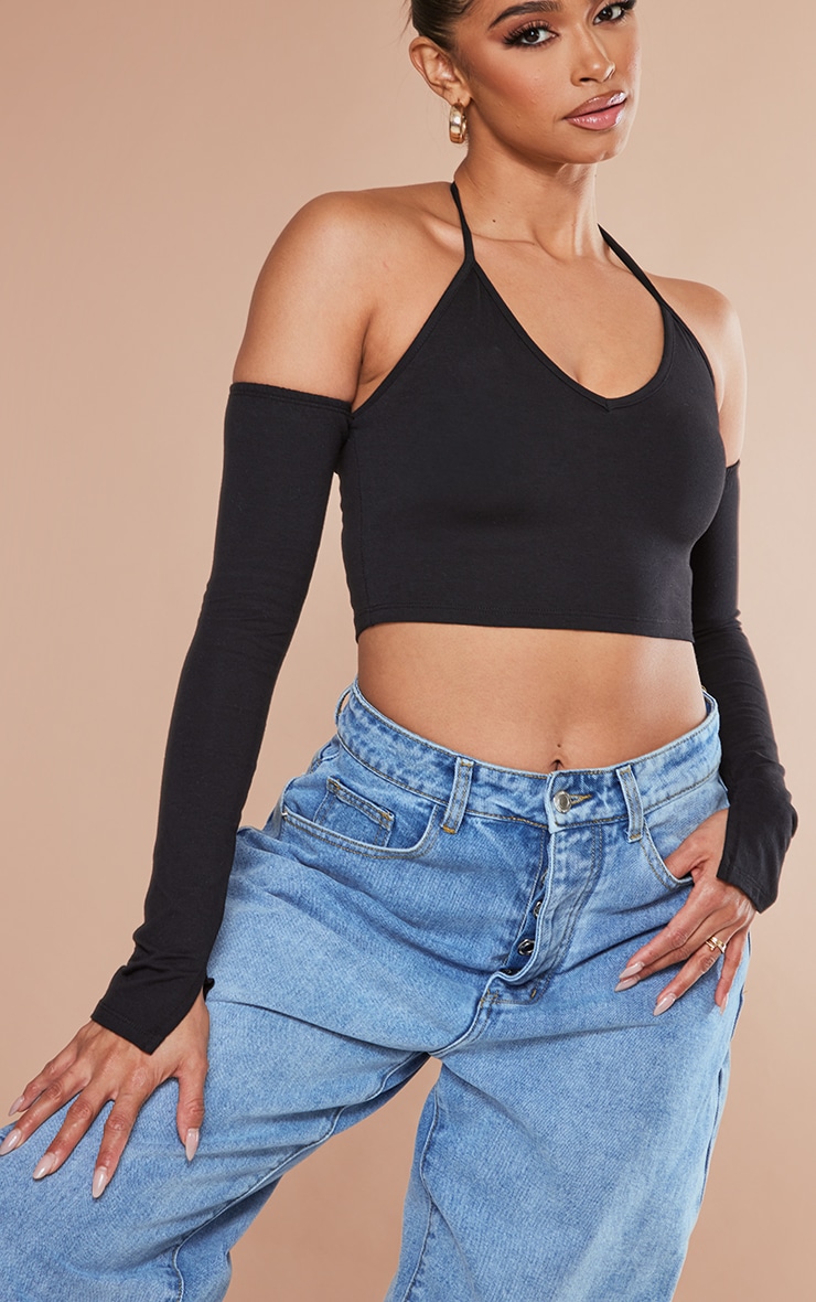 Black Jersey Strappy Halter Cold Shoulder Crop Top image 4