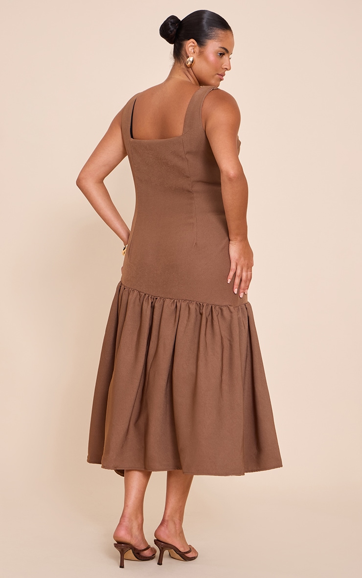 Plus Mocha Pleated Hem Square Neck Midaxi Dress image 2