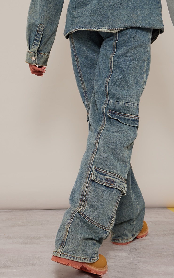 Tall Vintage Wash Pocket Detail Wide Leg Denim Jeans image 3