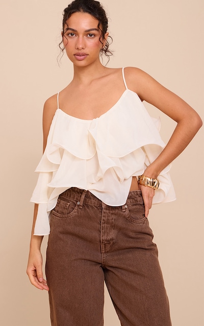 Cream Chiffon Layered Puffball Top