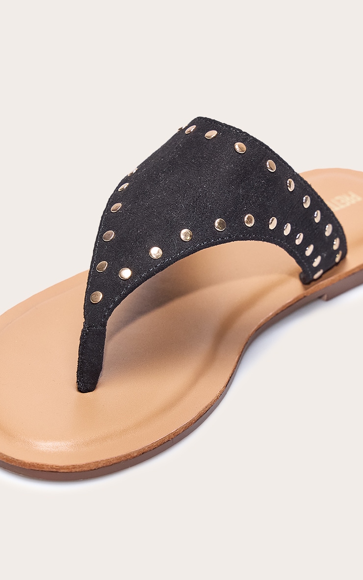 Black Faux Suede Stud Detail Toe Thong Flat Sandals image 4