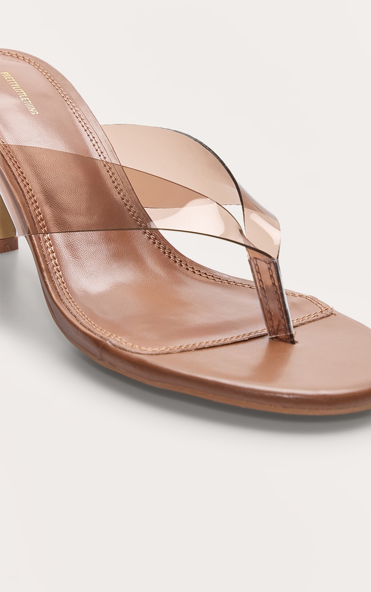 Brown Pu Round Toe Thong Perspex Straps Mid Heeled Mules image 4