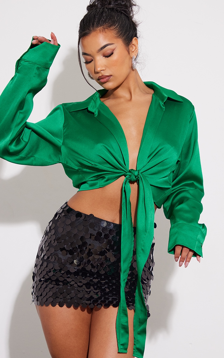 Green Satin Tie Front Crop Shirt Tops PrettyLittleThing IE