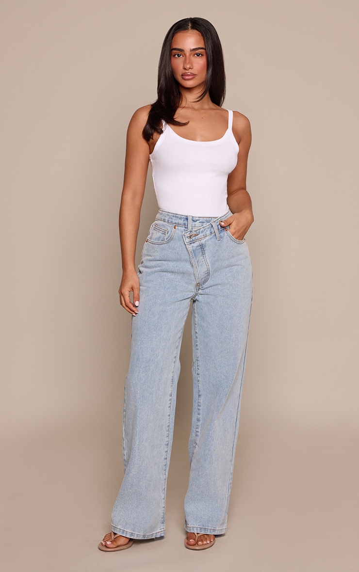 Petite Light Blue Denim Asymmetric Waistband Straight Leg Jeans